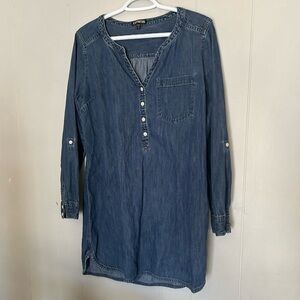Express Chambray Denim Tunic Top Henley Button Front Pocket Size L